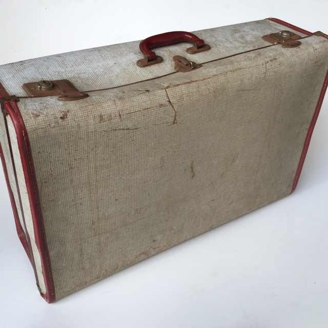 SUITCASE, Vintage Style - Large Grey w Burgundy Trim