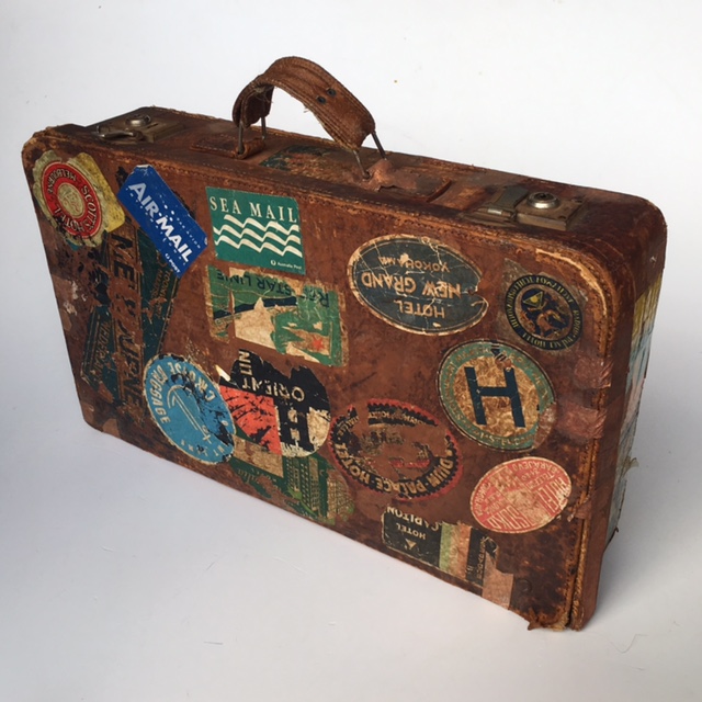 SUITCASE, Vintage Style - Medium Brown Leather w Travel Stickers, NO HANDLE