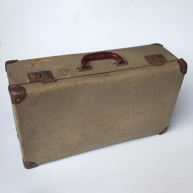 SUITCASE, Vintage Style - Medium Brown Crossgrain w Burgundy Handle