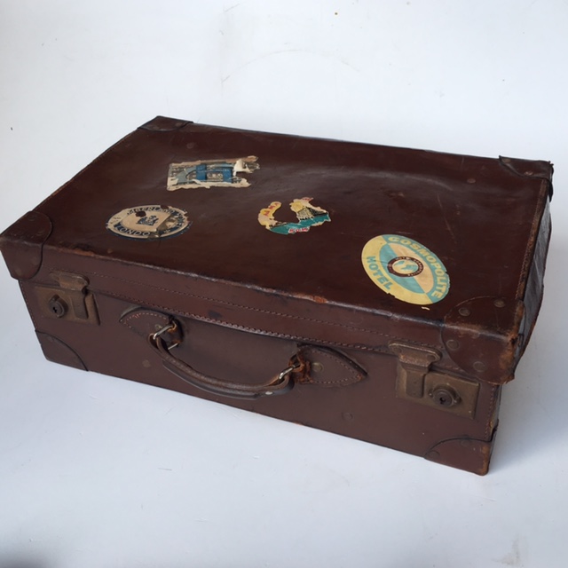 SUITCASE, Vintage Style - Medium Dark Brown Leather w Odd Sticker