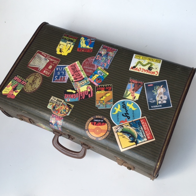 SUITCASE, Vintage Style - Medium Forest Green w Travel Stickers