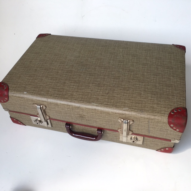 SUITCASE, Vintage Style - Medium Grey Thatch Globite w Burgundy Detail