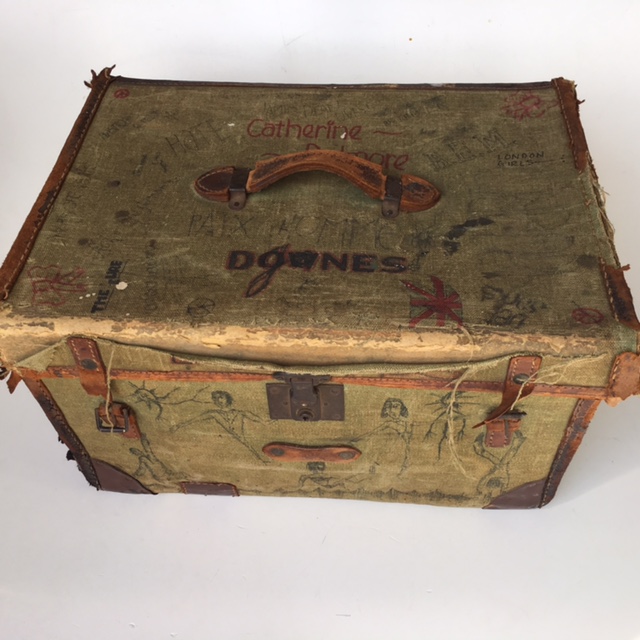 SUITCASE, Vintage Style - Medium Green Canvas Case w Graffiti