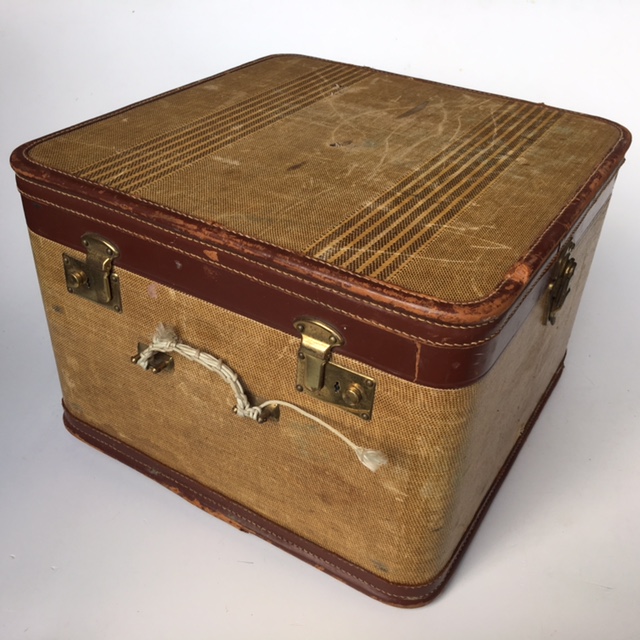 SUITCASE, Vintage Style - Medium Tan Square Case w Brown Leather Detail