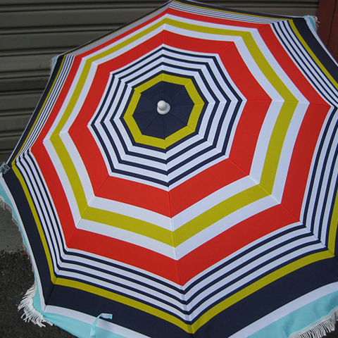 UMBRELLA, Beach - Navy, Red, Yellow, White Stripe with Fringe