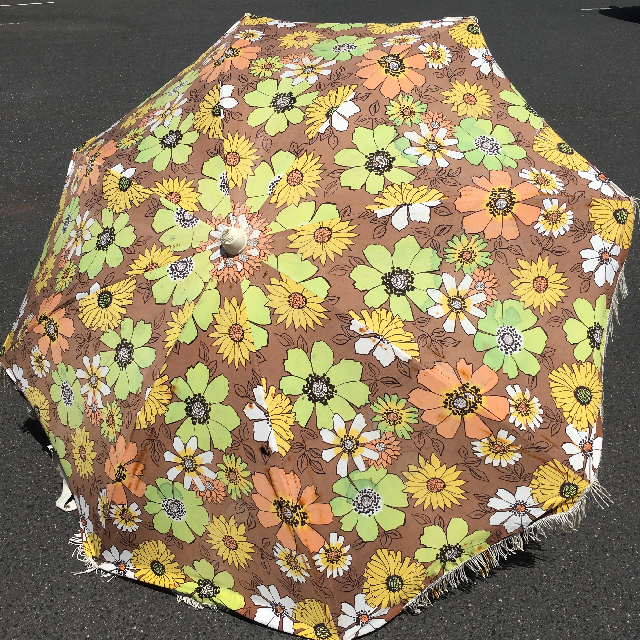 UMBRELLA, Beach - Vintage Floral, Brown & Yellow with Fringe