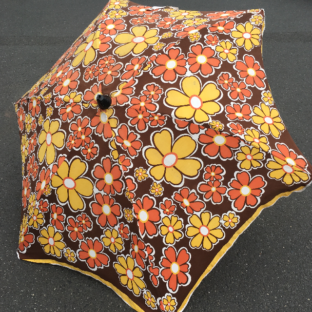 UMBRELLA, Beach - 1970s Floral Brown, Yellow & Orange