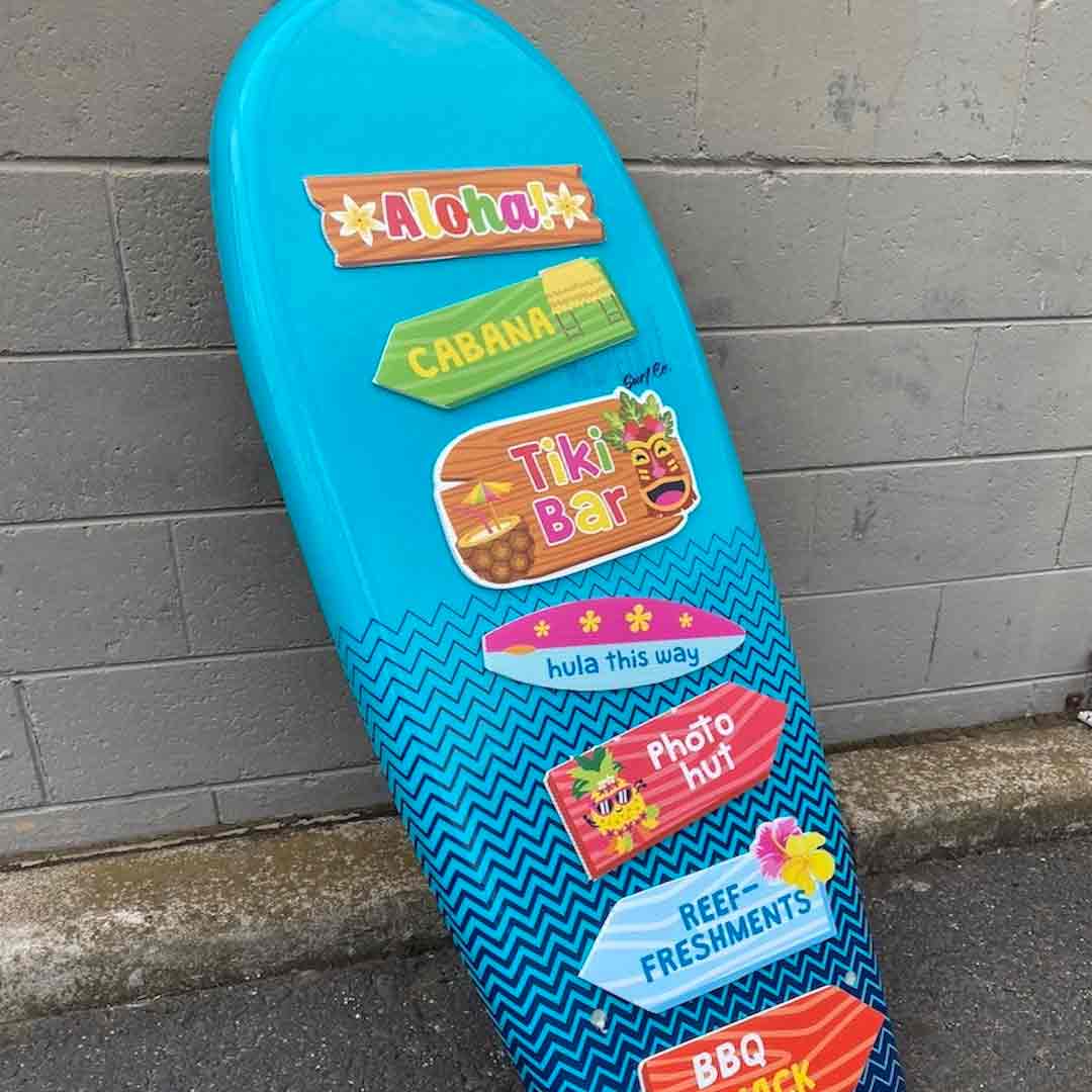 SURFBOARD, Turquoise Blue Foam Board w Tropical Sign Pointers