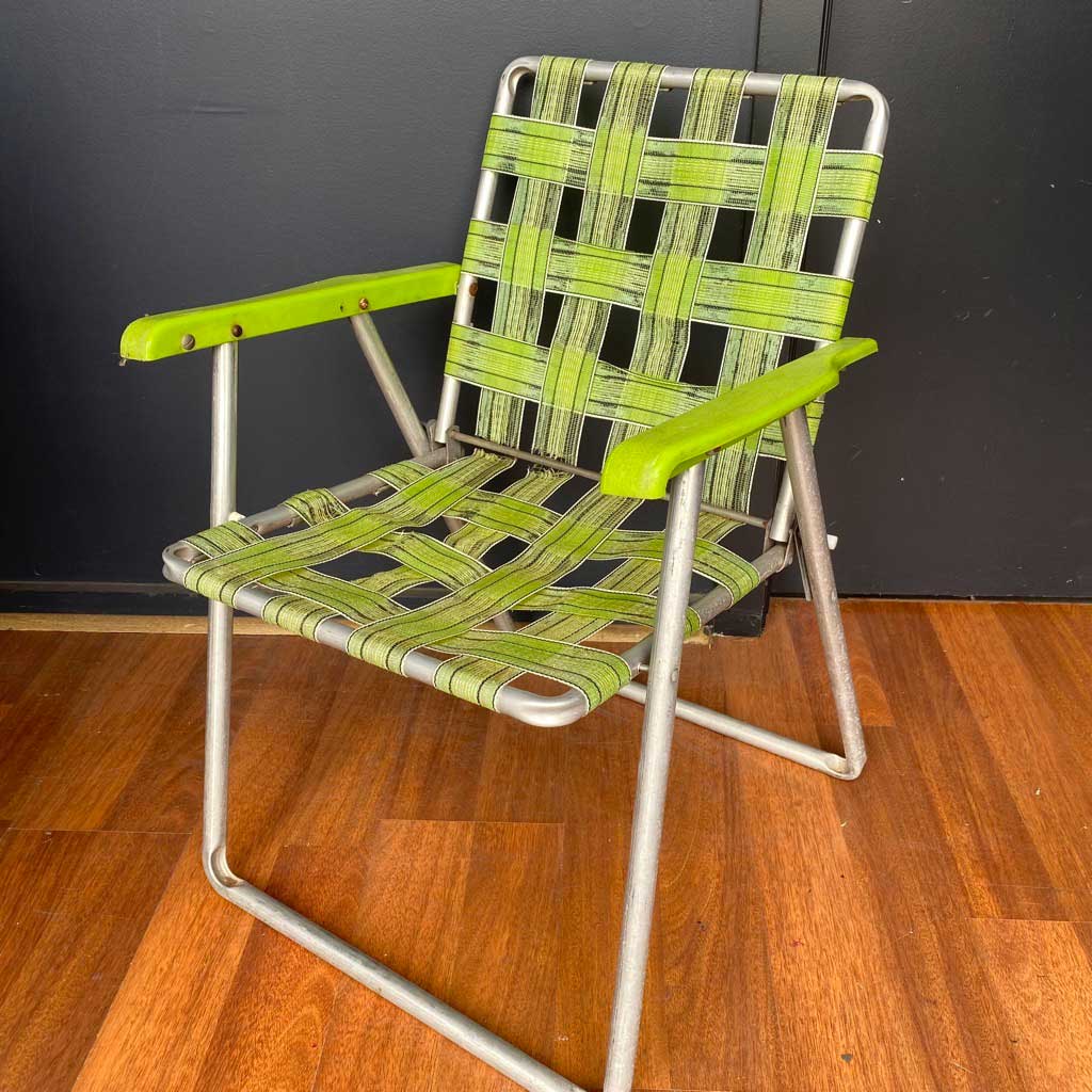 CHAIR, Folding Vintage Lawn Chair - Lime Green Webbing
