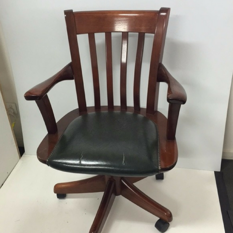 CHAIR, Timber Desk Chair - Slat Back Green Leather