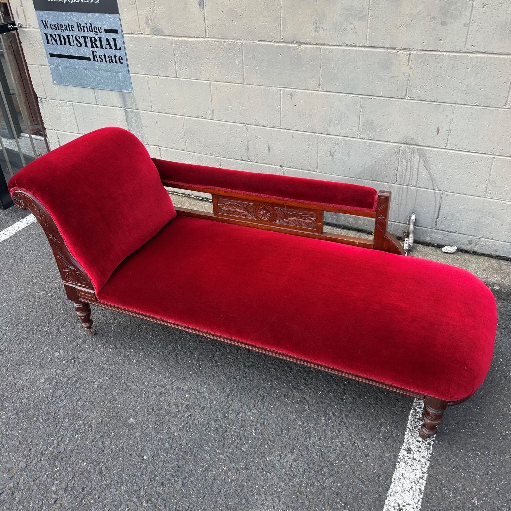 CHAIR, Chaise Red Velvet w Arm Rest 65cmW x 180cmL x 77cmH