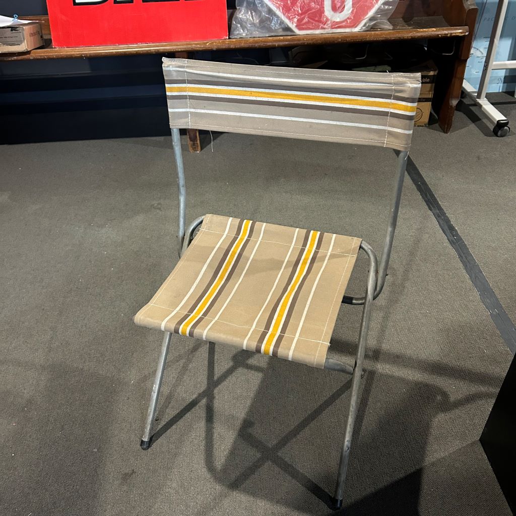STOOL, Camp - Metal Folding (with back) Brown Stripe Vintage Canvas
