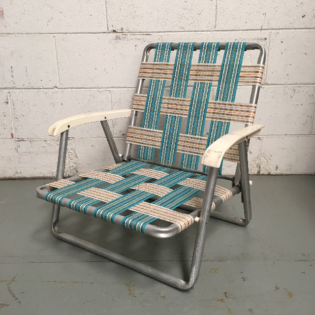 CHAIR, Folding Vintage Lawn Chair - Aqua Webbing Low