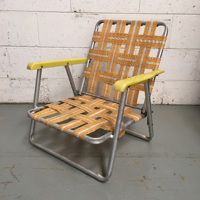 CHAIR, Folding Vintage Lawn Chair - Orange Webbing Low